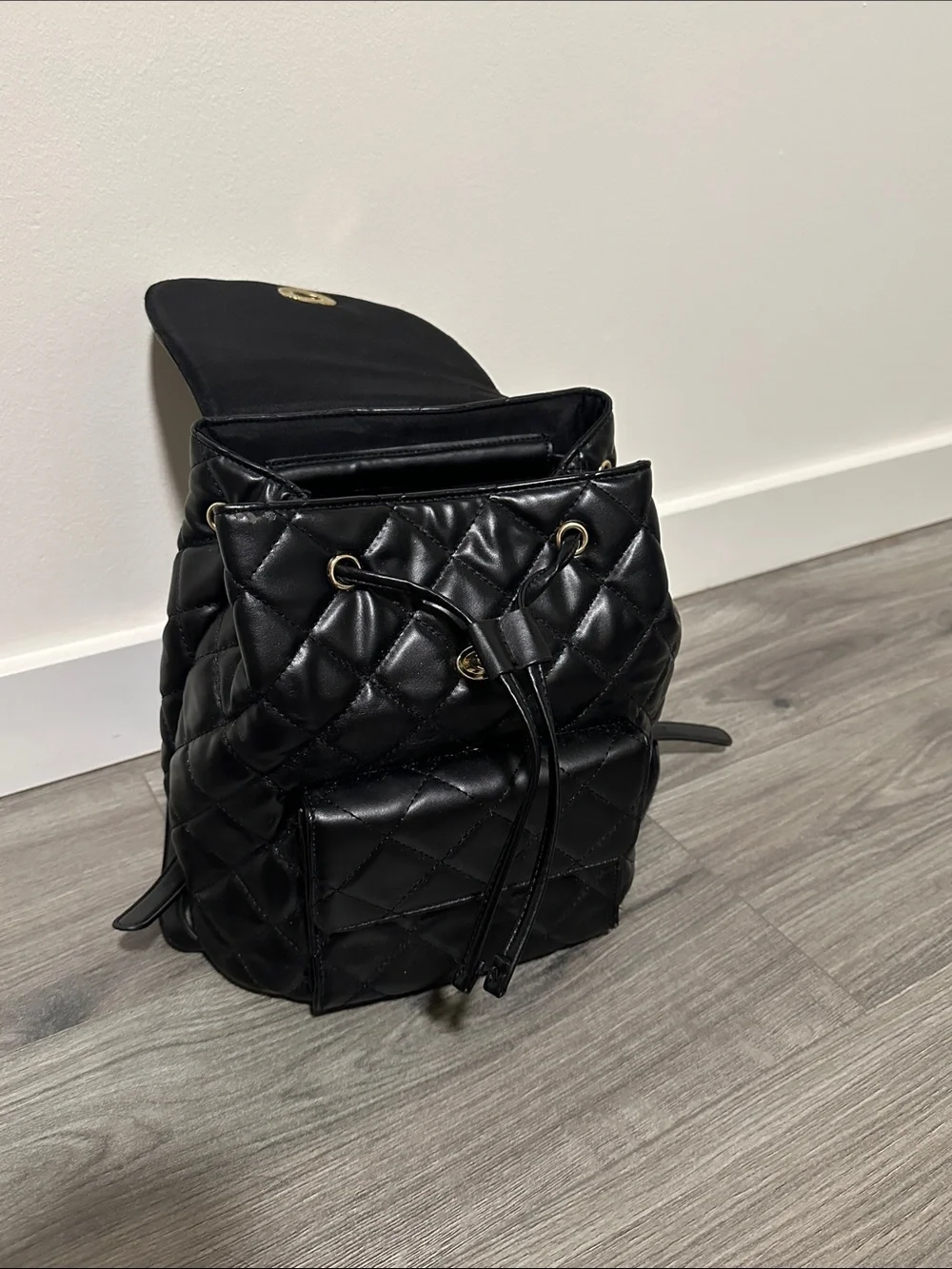 Forever 21 Black Quilted Backpack with Gold-Tone Turn Lock